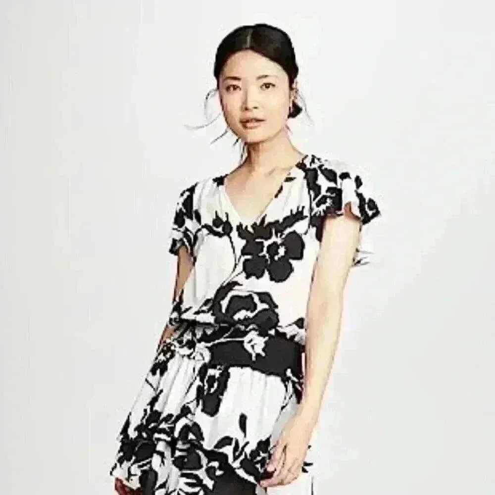 Ramy Brook Ingrid Black White Floral Flutter Sleeve Tiered Mini Dress.